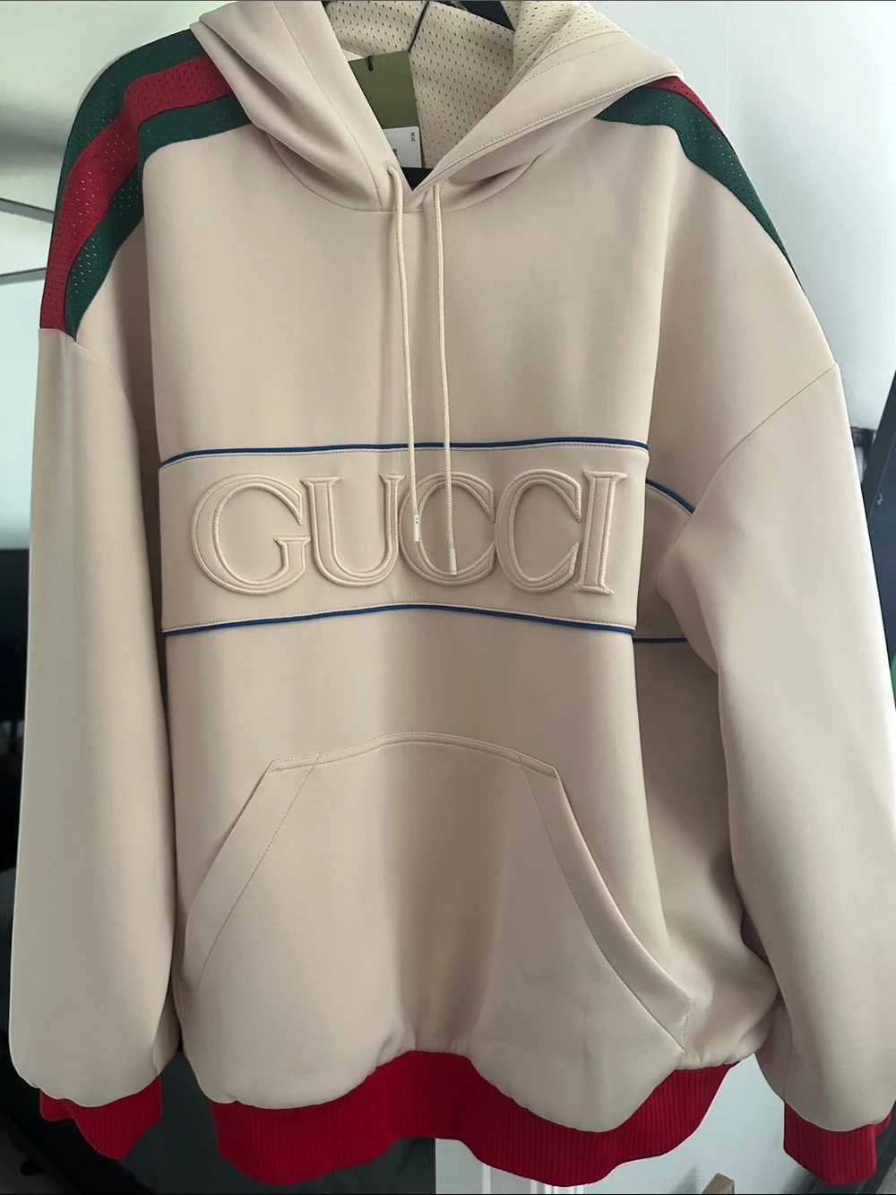 GUCCI Beige Hoodie with Red & Green Shoulder Accents